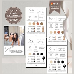 May include: A wedding invitation template with a photo of two women taking a selfie. The template includes details for the bridal party, dress colors, and the wedding date. Text includes "Edit in Canva" and "Print or send by text or email."