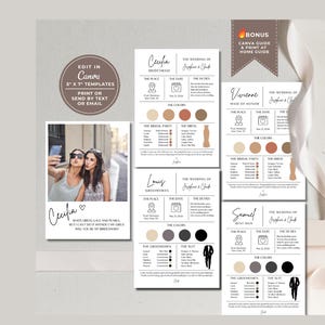 May include: A set of 5x7 inch wedding party proposal templates featuring text for bridesmaids, groomsmen, maid of honor, and best man. The designs include sections for wedding details, color palettes, and dress or suit icons with customizable text fields.