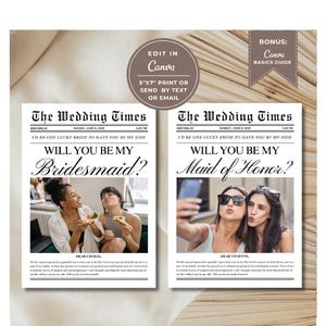Canva Bearbeitbare Zeitungs-Brautjungfer-Vorschlagskartenvorlage, Brautjungfer-Vorschlagskarte, druckbare Zeitung werden Sie meine Trauzeugin der Ehrenkarte sein