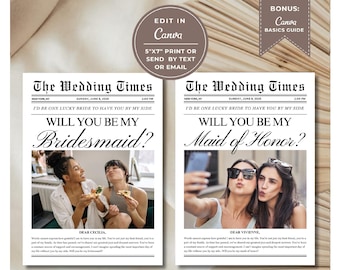 Canva Editable Newspaper Bridesmaid Proposal Card Template, Bridesmaid Proposal Card, Printable Newspaper Will You Be My Maid of Honor Card