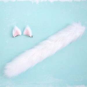 Cat Ears and Tail White Kitten Halloween Costume White Wolf CostumeWhite and Pink Fur Ears and Tail White Kitten Costume