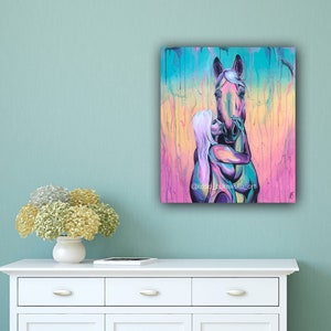 32x28 Cotton Candy Kiss Girl Kissing Horse Painting on Canvas image 2