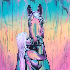 32x28 Cotton Candy Kiss Girl Kissing Horse Painting on Canvas image 1