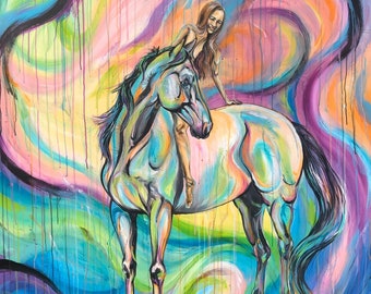 DREAMER -Original 47x47" acrylic horse painting with rider