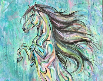 32x47” “Whimsical Rear” - Colorful And Abstract Wild Horse With Long Mane Painting on Canvas