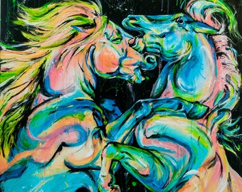Battle - 40x40” acrylic finger painting of two wild horses rearing