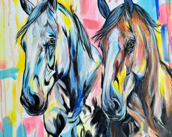 16x16” “Gray Horse, Bay Horse” - Abstract Equine Acrylic Painting On Canvas