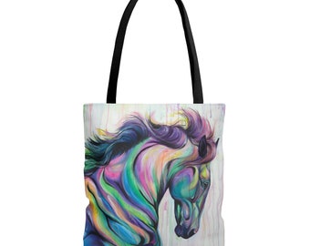 Caprichoso y realista: bolso de mano de diseño dual con gotas de arcoíris y arte de caballo castaño Bolsa de tela
