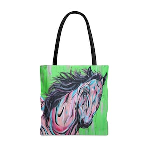 May include: A tote bag with a colorful painting of a horse's head on a green background.