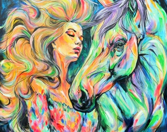 32x32” “Serenade of Trust” : Whimsical Horse and Blonde Girl Artwork- Original Acrylic Painting Stretched Canvas