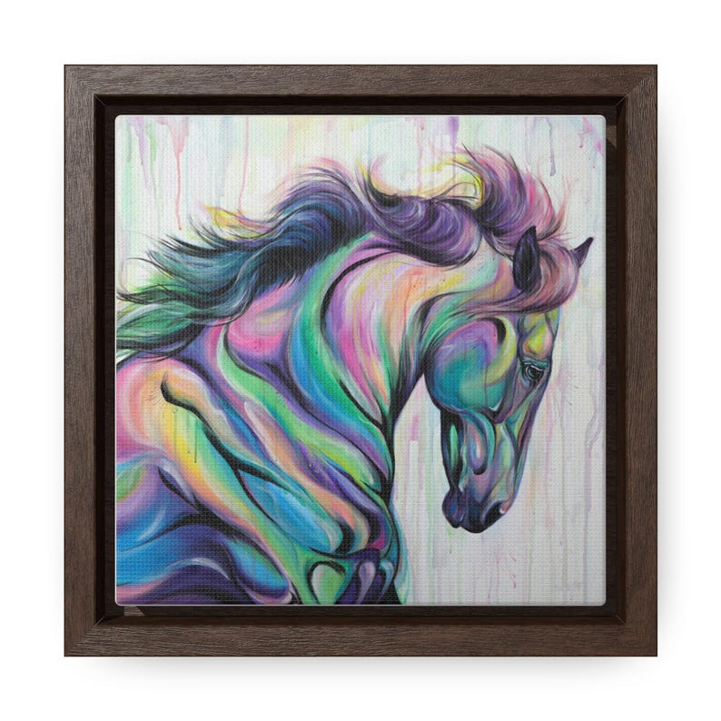 May include: A framed painting of a colorful horse with a flowing mane. The horse is painted in shades of purple, blue, green, and yellow. The background is a light white with subtle hints of color.