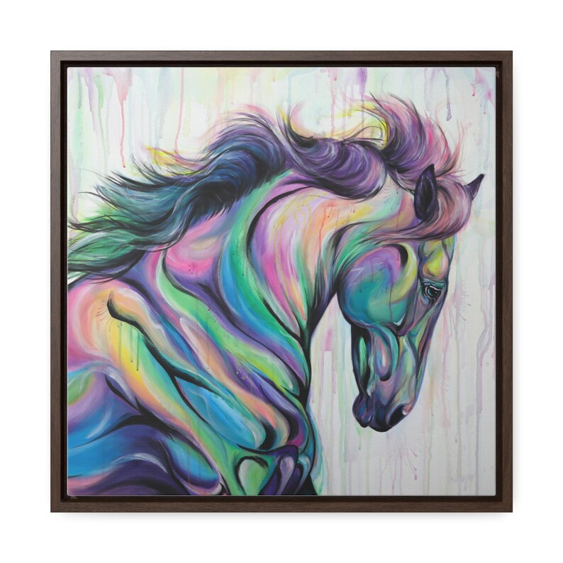 May include: A colorful painting of a horse with a flowing mane. The horse is painted in shades of purple, blue, green, and yellow. The background is a light white with hints of pink and blue.