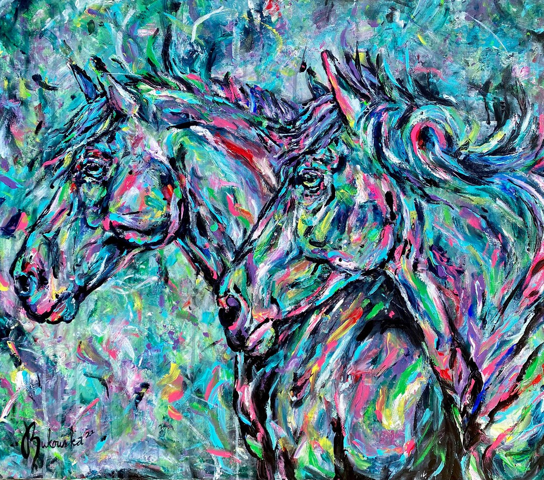 32x28 two Horses Acrylic Finger Painting on Canvas Etsy