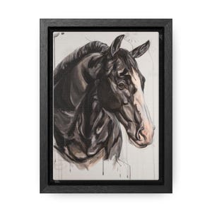 May include: A framed painting of a black and white horse's head. The horse is looking to the right, and the background is a light gray.