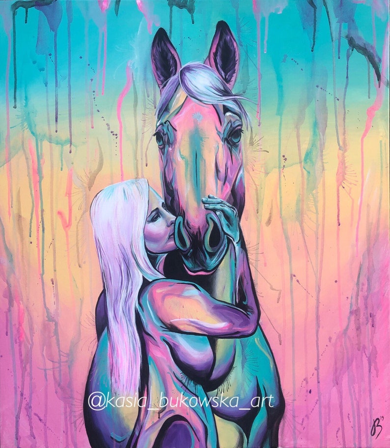 32x28 Cotton Candy Kiss Girl Kissing Horse Painting on Canvas image 1