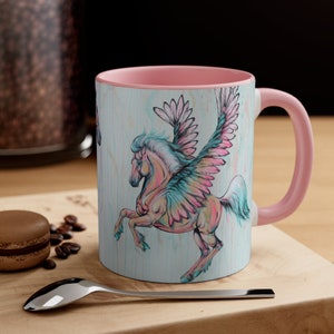 Pastel Pink and Turquoise Pegasus Horse Accent Coffee Mug, 11oz