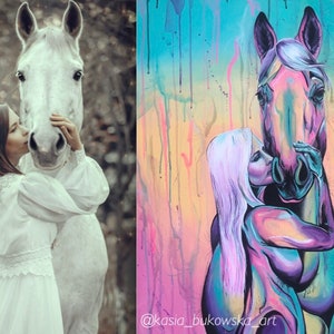 32x28 Cotton Candy Kiss Girl Kissing Horse Painting on Canvas image 6