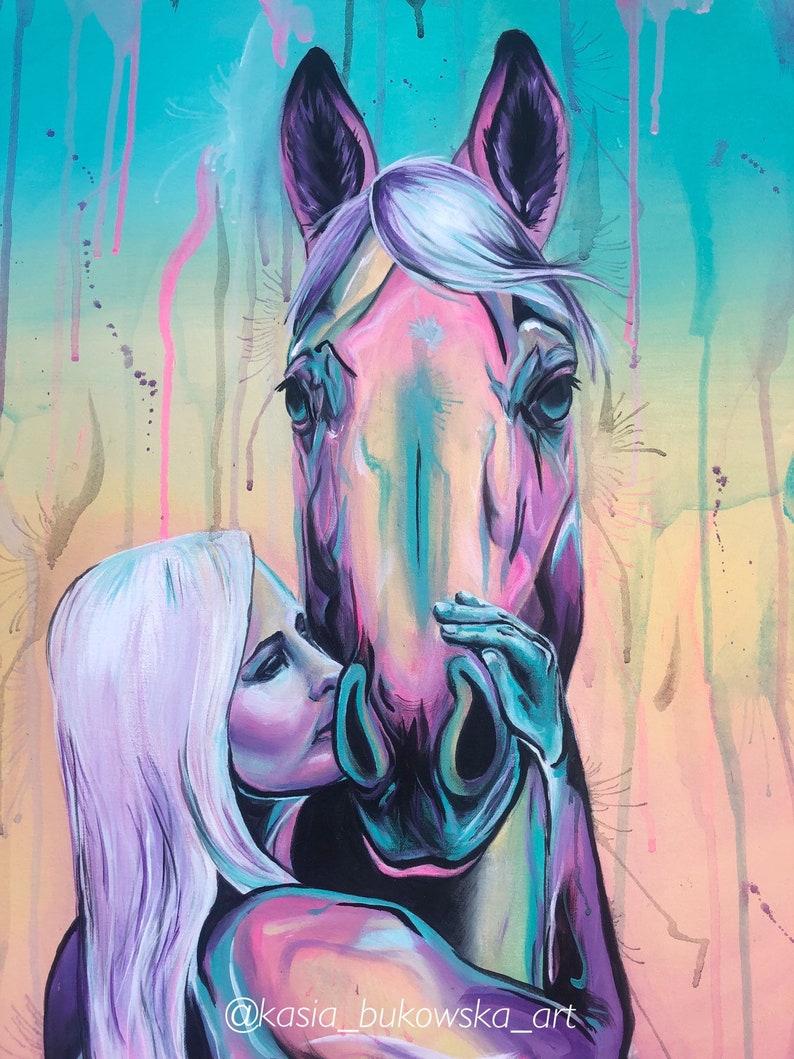 32x28 Cotton Candy Kiss Girl Kissing Horse Painting on Canvas image 4