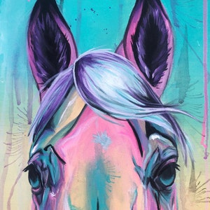 32x28 Cotton Candy Kiss Girl Kissing Horse Painting on Canvas image 5