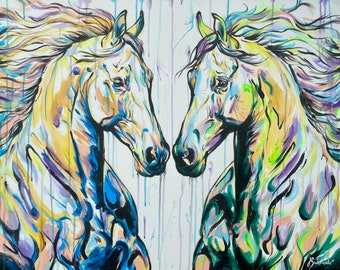 32x40” “Mystical Mirrors: Dueling Horses” Acrylic Painting On Canvas(100x80cm)