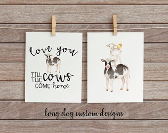 Love you till the cows come home w/White & Purple Flower Crown - Nursery/Kids Room Wall Art - Digital