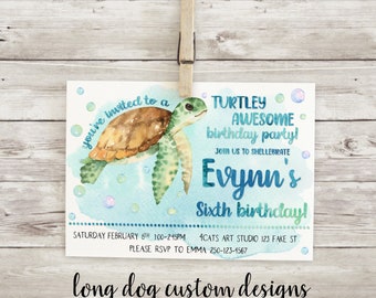 Sea Turtle/Turtley Awesome Birthday Invitation - Digital 5x7