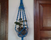Macrame plant hanger polyester cord paracord Nylon 33 quot pot holder hanging planter indoor outdoor Housewarming Gift for Her Blue colour