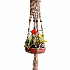 Grote boho jute macramé plantenhanger – handgemaakte hangende plantenbak met kralen
