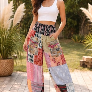 Pantalones harén de patchwork hechos a mano: pantalones bohemios de algodón con bolsillos