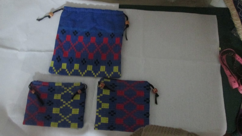 indian cotton drawstring bags setof 3 cotton Draw string bags pouch Blue handwovenhandloom fabric bags