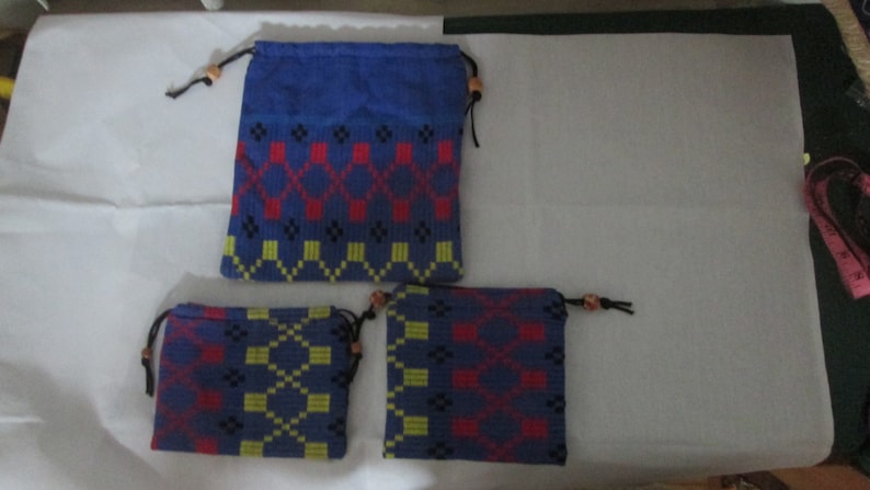 indian cotton drawstring bags setof 3 cotton Draw string bags pouch Blue handwovenhandloom fabric bags
