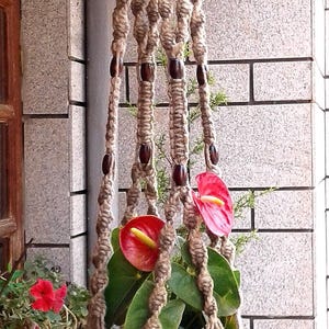 May include: A hanging macrame plant holder with a terracotta pot containing a plant with red flowers and green leaves. The macrame is made of natural-colored rope and has dark brown beads. The plant holder is suspended against a brick wall.