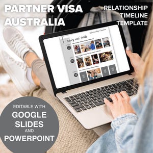 Op de afbeelding: Een laptop met een relatietijdlijn sjabloon met de tekst "Partner Visa Australia" en "Relationship Timeline Template". De sjabloon is bewerkbaar met Google Slides en PowerPoint.