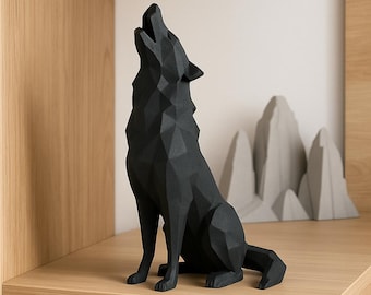 Lobo Aullador – Escultura 3D Low Poly de PLA – Figura decorativa negra de diseño moderno, 280 mm de altura