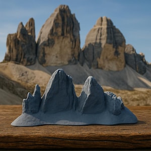Könnte beinhalten: Ein kleines, graues, 3D-gedrucktes Modell einer Bergkette. Das Modell steht auf einer Holzoberfläche. Das Modell ist eine Miniaturnachbildung einer Bergkette.