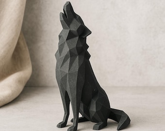 Lobo Aullador – Escultura 3D Low Poly de PLA – Figura decorativa negra de diseño moderno, 360 mm de altura