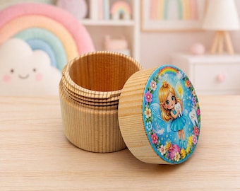 Caja de madera de alerce con impresión UV a color del hada de los dientes y rosca de madera – pequeño regalo hecho a mano para niños