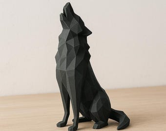 Lobo aullador – Escultura 3D Low Poly de PLA – Figura decorativa negra de diseño moderno, 200 mm de altura