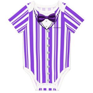May include: A short-sleeved baby bodysuit featuring a purple and white vertical striped pattern. The design includes a printed graphic of a tuxedo vest with a purple bow tie, a white shirt collar, and a vertical row of buttons down the center front.