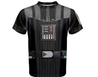 May include: Black t-shirt with a printed image of Darth Vader's costume from Star Wars.