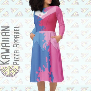 Aurora Inspired Midi Dress: Pink & Blue Long Sleeve All-Over Print