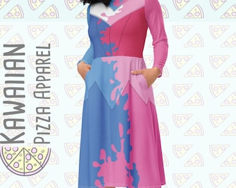 Aurora Inspired Midiklänning: Rosa & Blå Långärmad Heltäckande Tryck