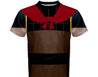 May include: A brown, black, and red short-sleeved t-shirt with a black and white checkered pattern and a red bow tie.