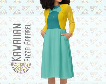 Mad Hatter inspiriertes All-Over-Print Langarm-Midikleid