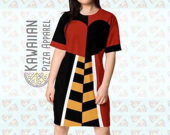 May include: A knee-length dress with a bold, geometric design. The dress features a split design with red and black heart shapes on the top, and a black, gold, and white pattern on the lower half. The text "KAWAIAN PIZZA APPAREL" is printed vertically on the left side.