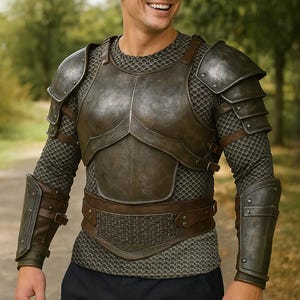Puede incluir: Un conjunto de armadura de estilo medieval en tonos grises y marrones. La armadura incluye una peto, protectores de hombros y protectores de brazos, todos conectados con correas de cuero. La capa inferior es una camisa de cota de malla.