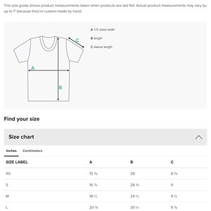 a T-shirt size chart for men, providing measurements and corresponding size labels for different chest widths and sleeve lengths.