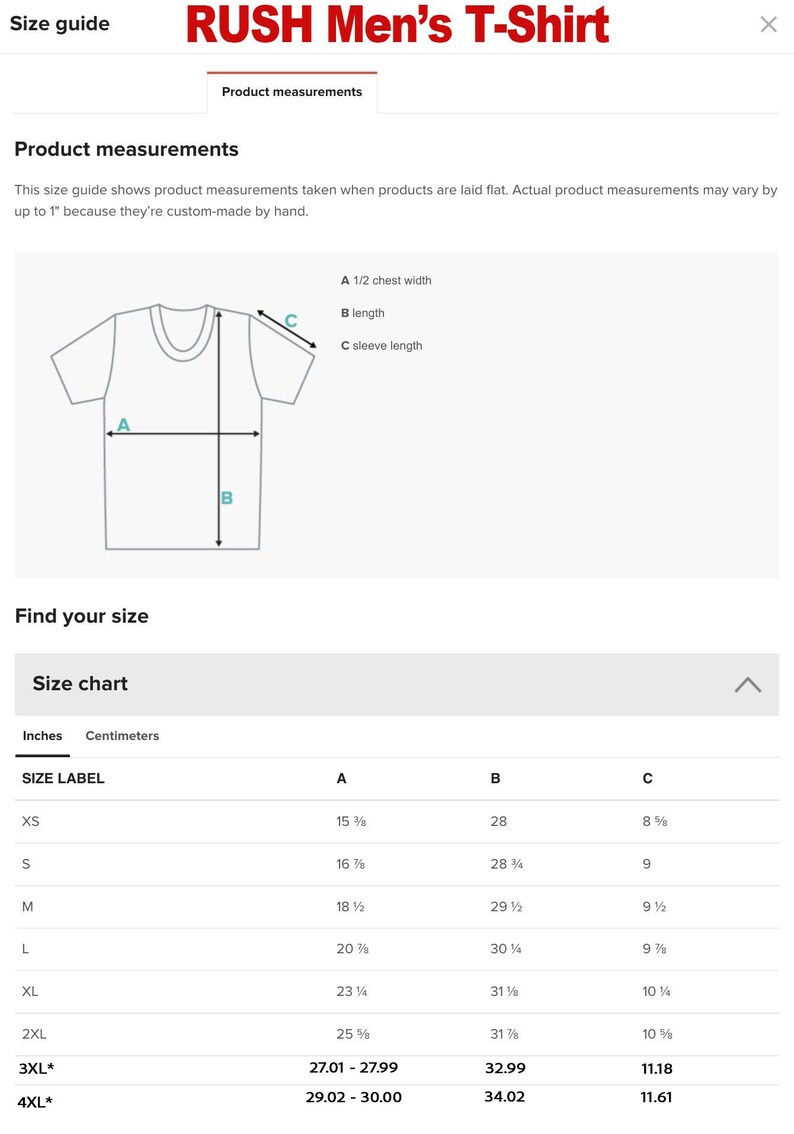 a T-shirt size chart for men, providing measurements and corresponding size labels for different chest widths and sleeve lengths.