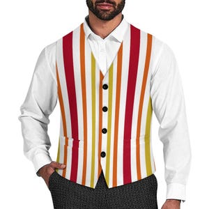 May include: A colorful striped vest with vertical stripes in red, orange, yellow, and white. The vest has a V-neck, black buttons, and two front pockets. The vest is worn over a white dress shirt.