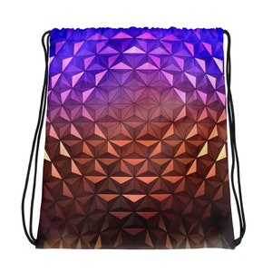 May include: A drawstring bag with a geometric pattern in shades of purple, pink, and brown. The pattern resembles a geodesic dome.